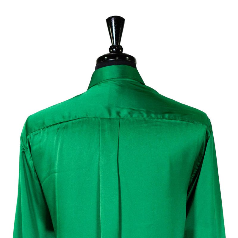 Mens Silk Shirt Button Up Green Long Sleeve Collared Dress Casual Summer Tropical Hawaiian Beach Handmade Designer Medium