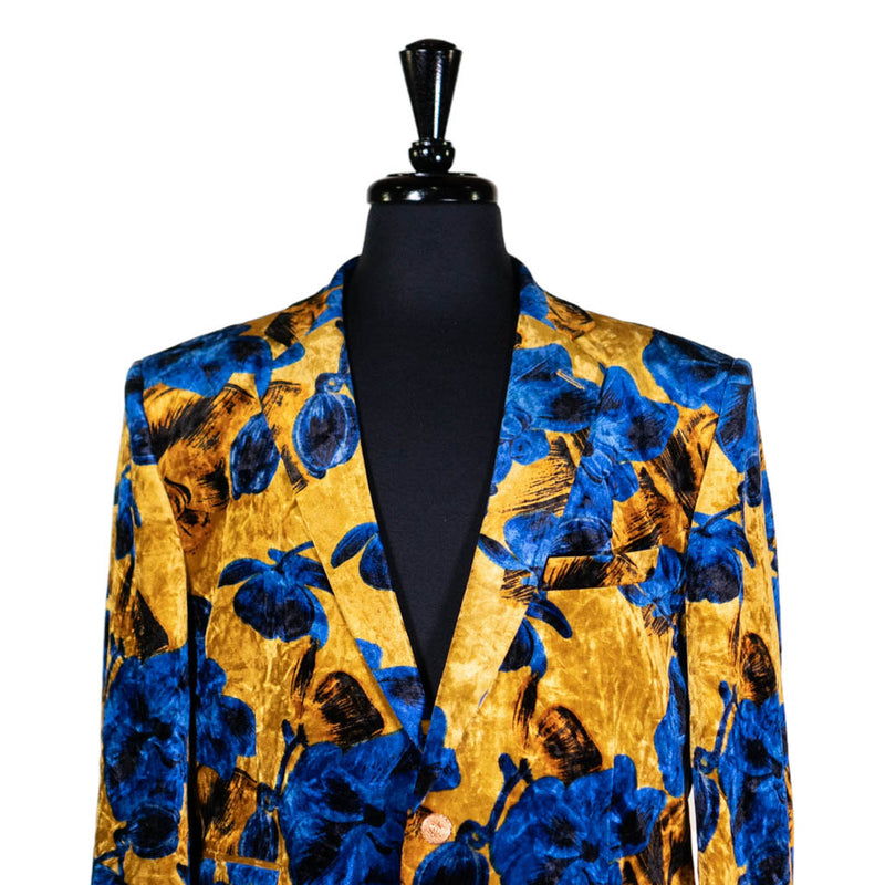 Mens Blazer Yellow Blue Floral Velvet Dress Formal 2 Button Jacket Wedding Sport Coat 42R