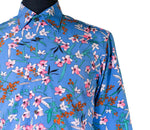 Mens Silky Shirt Button Up Blue Pink White Floral Long Sleeve Collared Dress Casual Summer Tropical Hawaiian Beach Handmade Medium