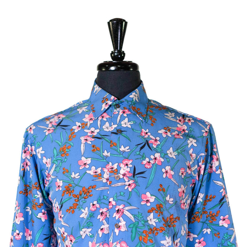 Mens Silky Shirt Button Up Blue Pink White Floral Long Sleeve Collared Dress Casual Summer Tropical Hawaiian Beach Handmade Medium