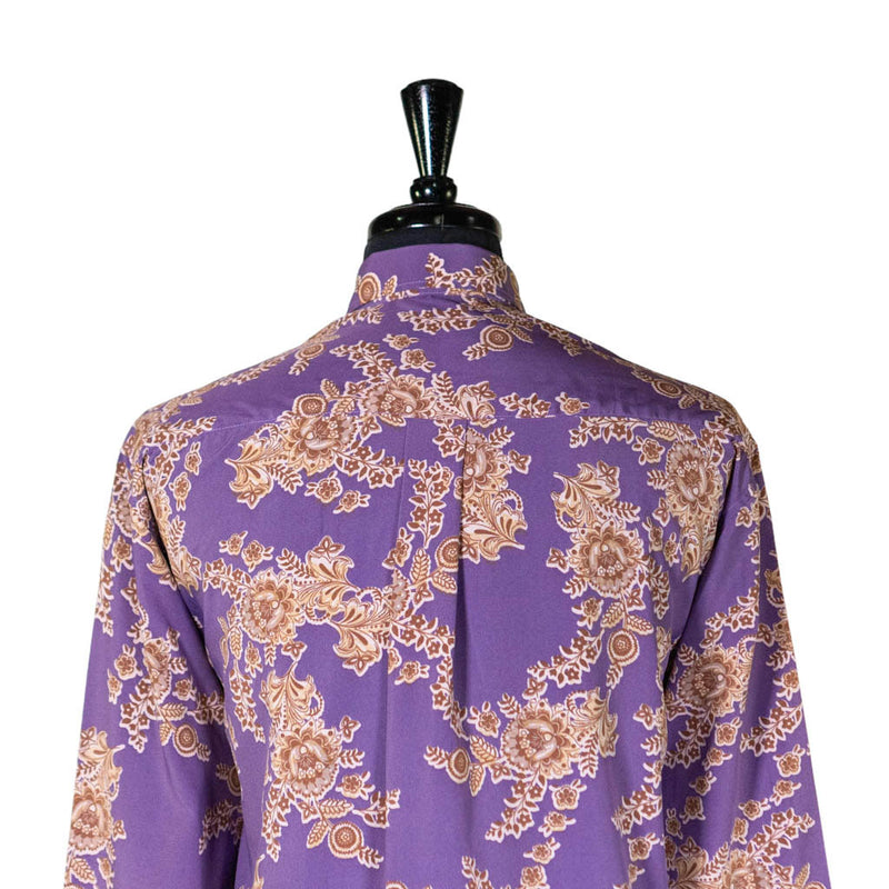 Mens Silk Shirt Button Up Purple Beige Floral Long Sleeve Collared Dress Casual Summer Tropical Hawaiian Beach Handmade Medium