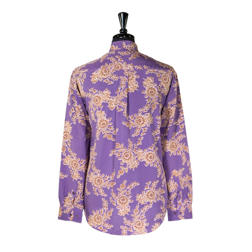 Mens Silk Shirt Button Up Purple Beige Floral Long Sleeve Collared Dress Casual Summer Tropical Hawaiian Beach Handmade Medium