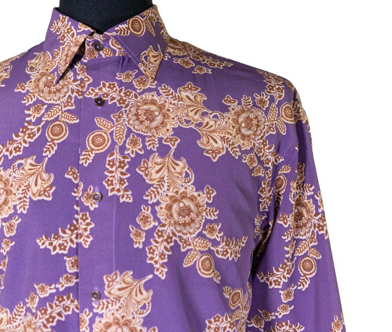 Mens Silk Shirt Button Up Purple Beige Floral Long Sleeve Collared Dress Casual Summer Tropical Hawaiian Beach Handmade Medium