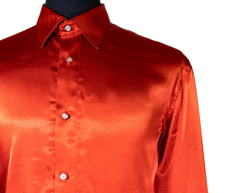 Mens Silk Shirt Button Up Orange Long Sleeve Collared Dress Casual Summer Tropical Hawaiian Beach Handmade Designer Medium