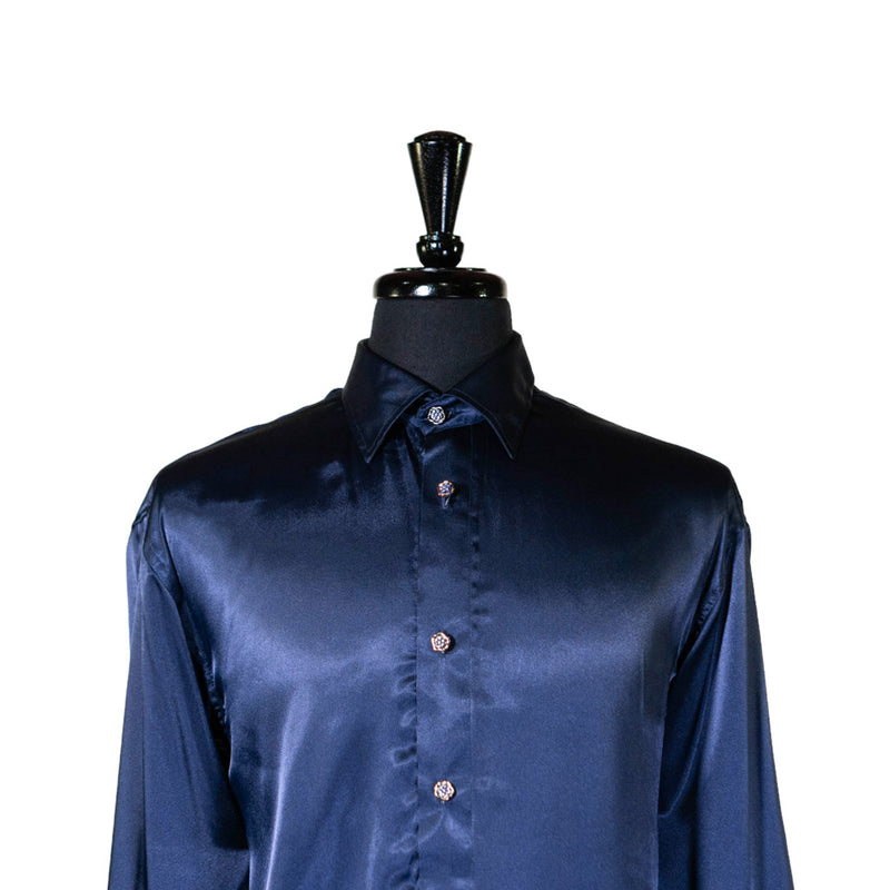 Mens Silk Shirt Button Up Blue Long Sleeve Collared Dress Casual Summer Tropical Hawaiian Beach Handmade Designer Medium