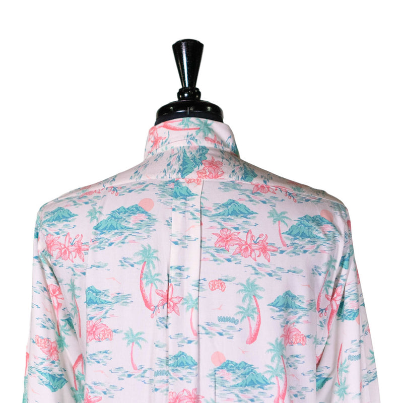 Mens Silky Shirt Button Up White Blue Pink Floral Long Sleeve Collared Dress Casual Summer Tropical Hawaiian Beach Handmade Medium