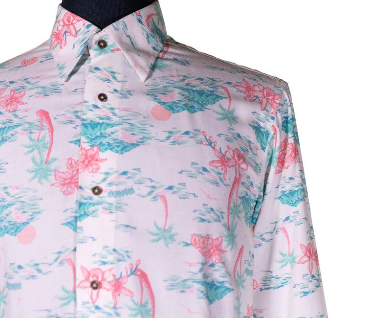 Mens Silky Shirt Button Up White Blue Pink Floral Long Sleeve Collared Dress Casual Summer Tropical Hawaiian Beach Handmade Medium