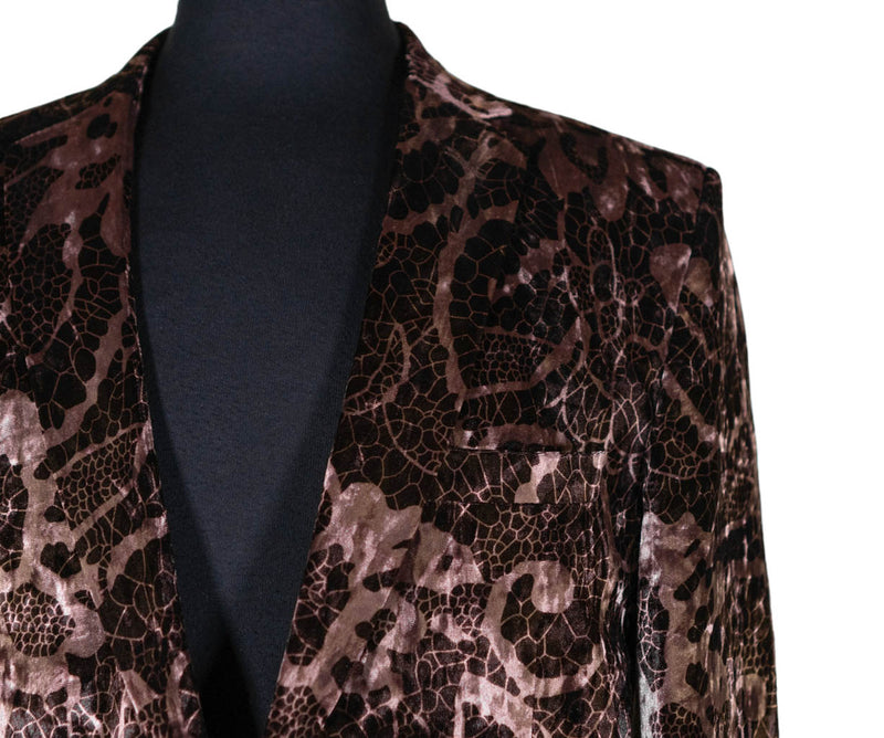 Mens Blazer Brown Geometric Abstract Velvet Dress Formal 2 Button Jacket Wedding Sport Coat 42R