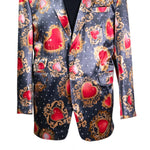 Mens Blazer Gray Red Gold Hearts Velvet Dress Formal 2 Button Jacket Wedding Sport Coat 42R