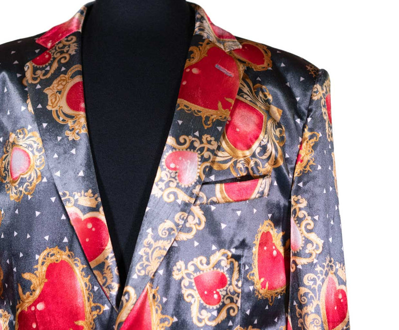 Mens Blazer Gray Red Gold Hearts Velvet Dress Formal 2 Button Jacket Wedding Sport Coat 42R