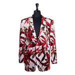 Mens Blazer Red White Floral Velvet Dress Formal 2 Button Jacket Wedding Sport Coat 42R