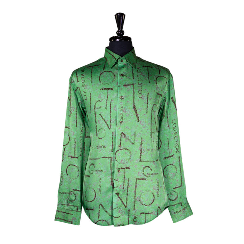 Mens Silk Shirt Button Up Green Abstract Long Sleeve Collared Dress Casual Designer Luxury Tropical Hawaiian Beach Handmade Large