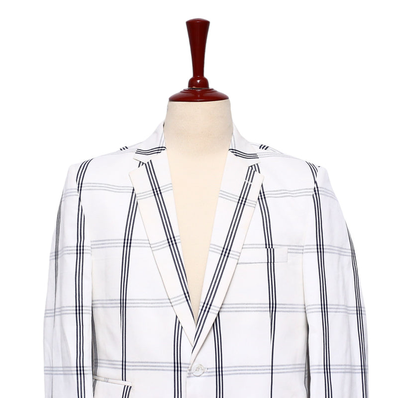 Mens Blazer White Blue Plaid Cotton Formal Party Jacket Wedding Sport Coat 42R
