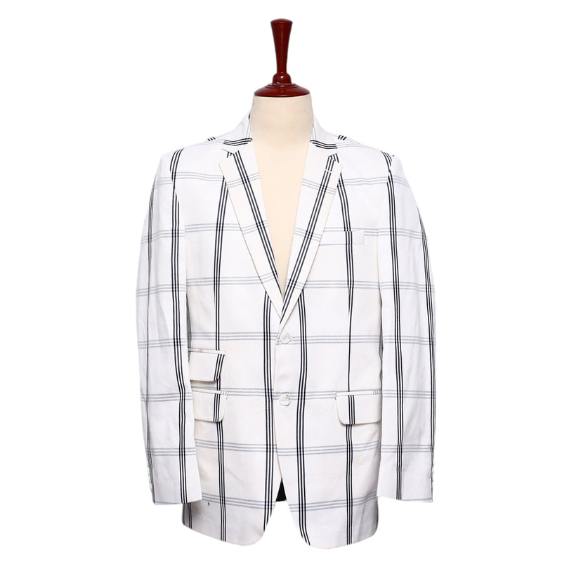 Mens Blazer White Blue Plaid Cotton Formal Party Jacket Wedding Sport Coat 42R
