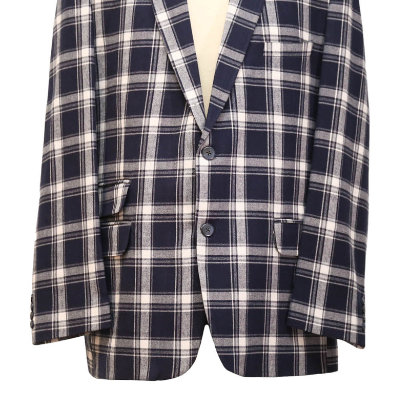Mens Blazer Blue White Plaid Check Wool Handmade Dress Formal Suit Jacket Wedding Sport Coat 46R
