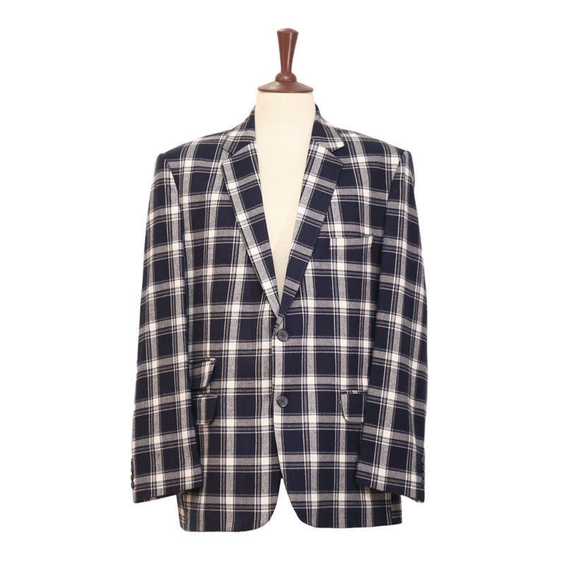 Mens Blazer Blue White Plaid Check Wool Handmade Dress Formal Suit Jacket Wedding Sport Coat 46R