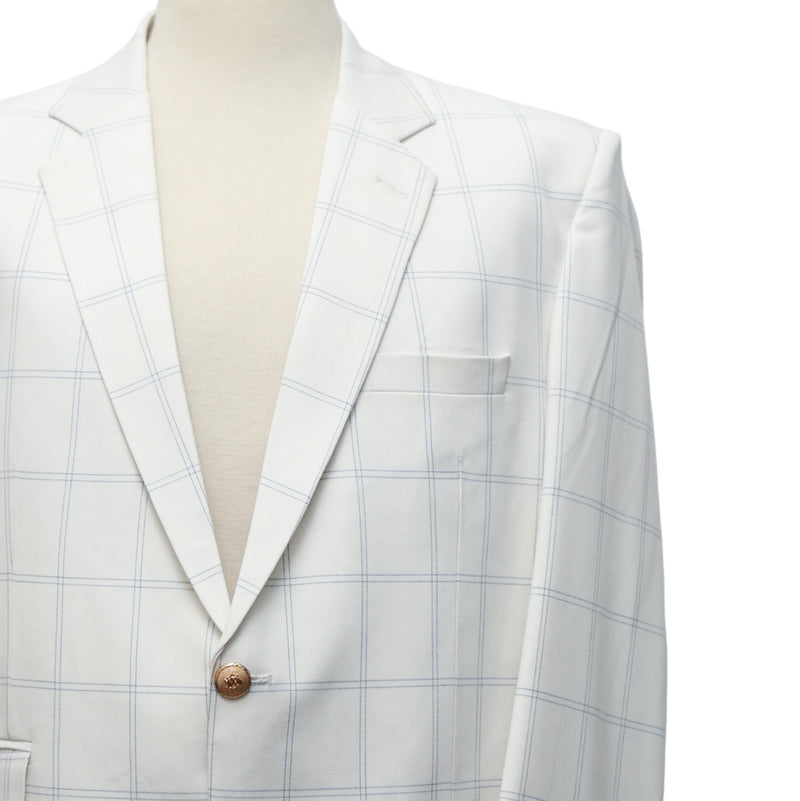 Mens Blazer White Blue Plaid Check Wool 2 Button Formal Dress Suit Jacket Wedding Sport Coat 44R