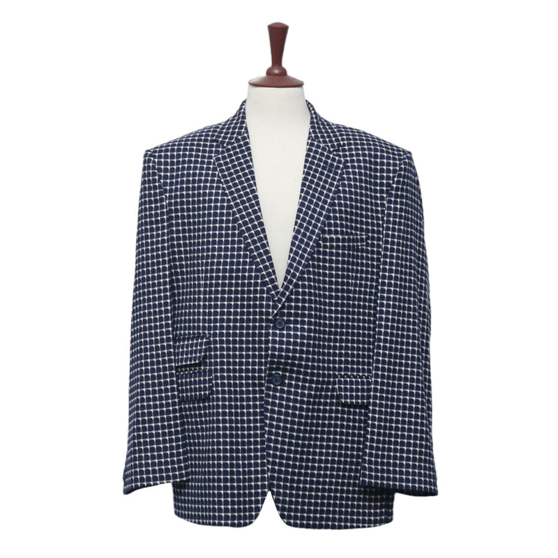 Mens Blazer Navy Blue White Geometric Wool 2 Button Dress Formal Suit Jacket Sport Coat 48R