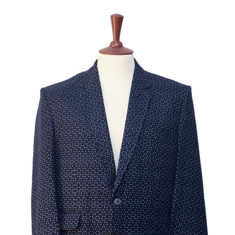 Mens Blazer Navy Blue Dots Wool 2 Button Dress Formal Suit Jacket Wedding Sport Coat 44R