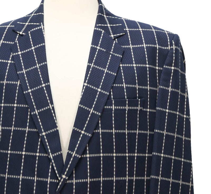 Mens Blazer Navy Blue White Check Wool 2 Button Designer Dress Formal Suit Jacket Sport Coat 44R