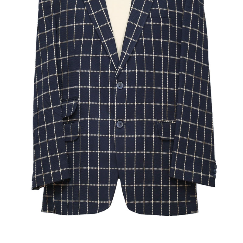 Mens Blazer Navy Blue White Check Wool 2 Button Designer Dress Formal Suit Jacket Sport Coat 44R