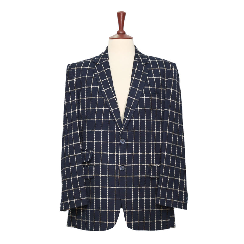 Mens Blazer Navy Blue White Check Wool 2 Button Designer Dress Formal Suit Jacket Sport Coat 44R