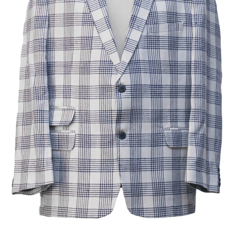 Mens Blazer White Blue Plaid Check Cotton 2 Button Dress Formal Suit Jacket Wedding Sport Coat 46R