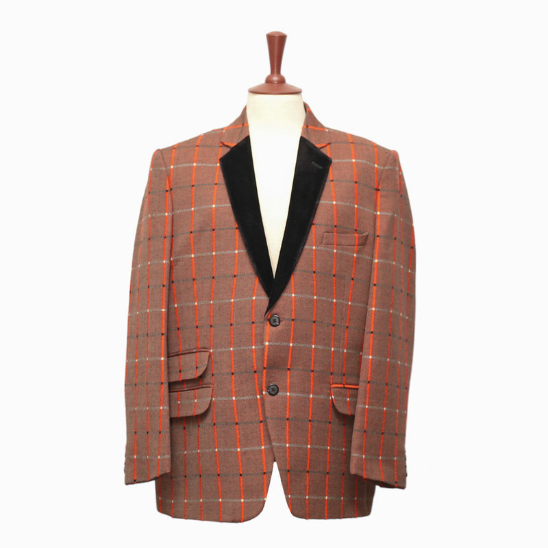 Mens Blazer Orange Brown Plaid Check Wool Velvet 2 Button Dress Formal Tuxedo Suit Jacket Sport Coat 46R