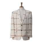 Mens Blazer Beige Check Plaid Cotton Dress Formal Suit Jacket Wedding Sport Coat 46R
