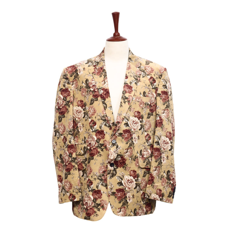 Mens Blazer Beige Pink Floral Corduroy Formal Suit Jacket Wedding Sport Coat 48R