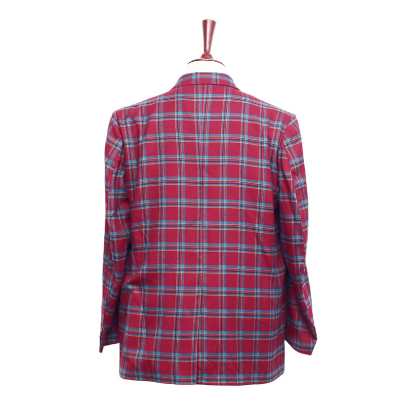 Mens Blazer Plaid Red Teal Orange Wool Formal Suit Jacket Wedding Sport Coat 46R