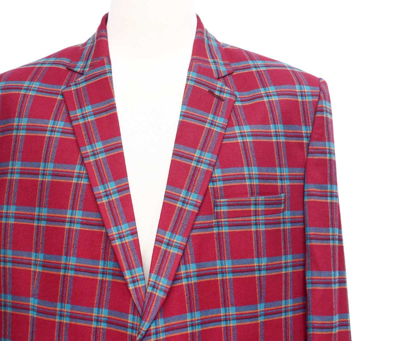 Mens Blazer Plaid Red Teal Orange Wool Formal Suit Jacket Wedding Sport Coat 46R