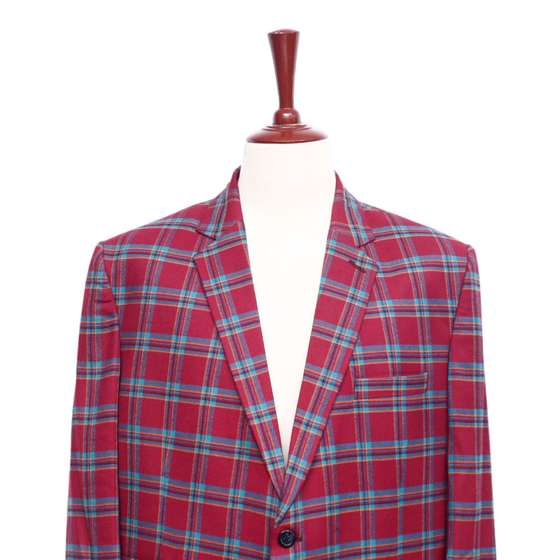 Mens Blazer Plaid Red Teal Orange Wool Formal Suit Jacket Wedding Sport Coat 46R