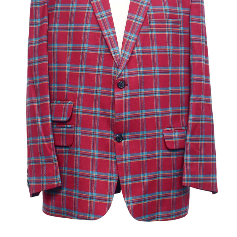 Mens Blazer Plaid Red Teal Orange Wool Formal Suit Jacket Wedding Sport Coat 46R