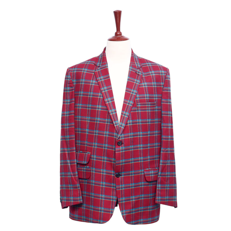 Mens Blazer Plaid Red Teal Orange Wool Formal Suit Jacket Wedding Sport Coat 46R