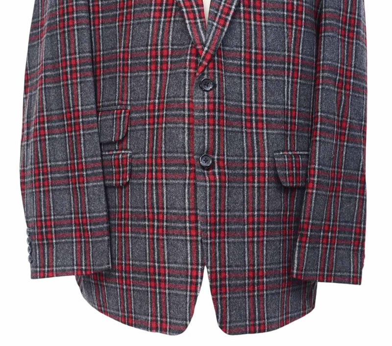 Mens Blazer Gray Red Plaid Check Wool Dress Formal Jacket Wedding Sport Coat 48R