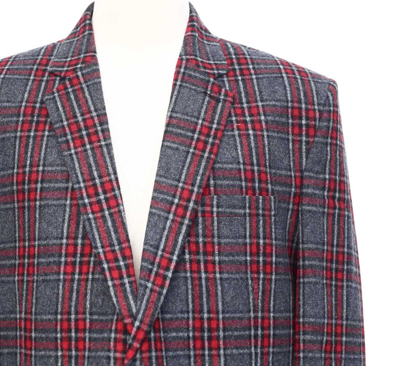 Mens Blazer Gray Red Plaid Check Wool Dress Formal Jacket Wedding Sport Coat 48R
