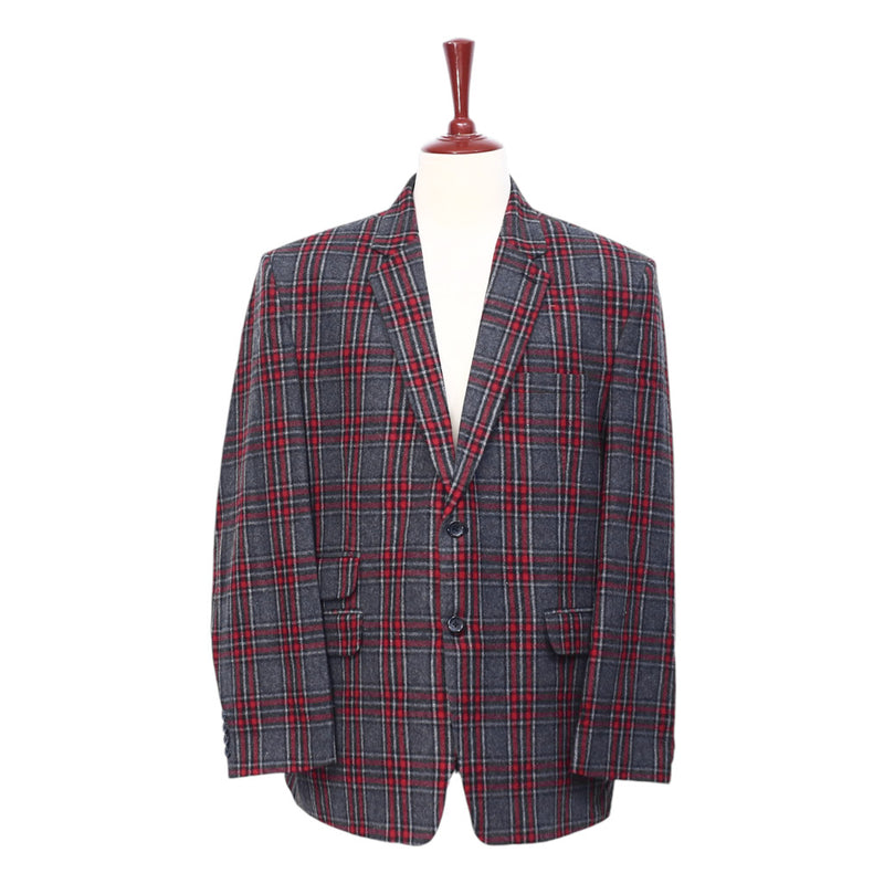 Mens Blazer Gray Red Plaid Check Wool Dress Formal Jacket Wedding Sport Coat 48R