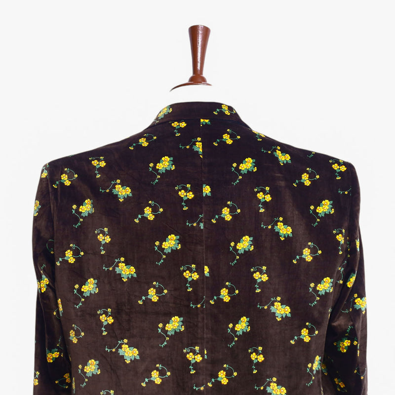 Mens Blazer Velvet Floral Brown Yellow Formal Suit Jacket Wedding Sport Coat 48R