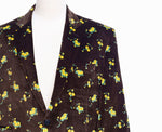 Mens Blazer Velvet Floral Brown Yellow Formal Suit Jacket Wedding Sport Coat 48R