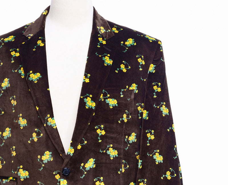 Mens Blazer Velvet Floral Brown Yellow Formal Suit Jacket Wedding Sport Coat 48R