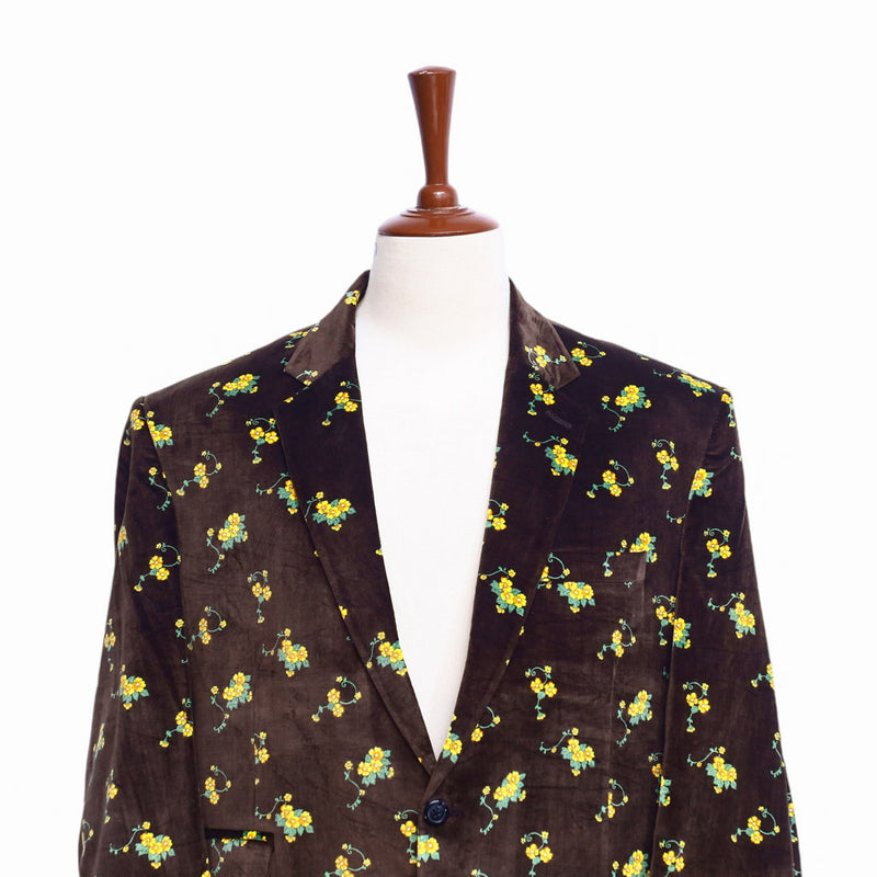 Mens Blazer Velvet Floral Brown Yellow Formal Suit Jacket Wedding Sport Coat 48R