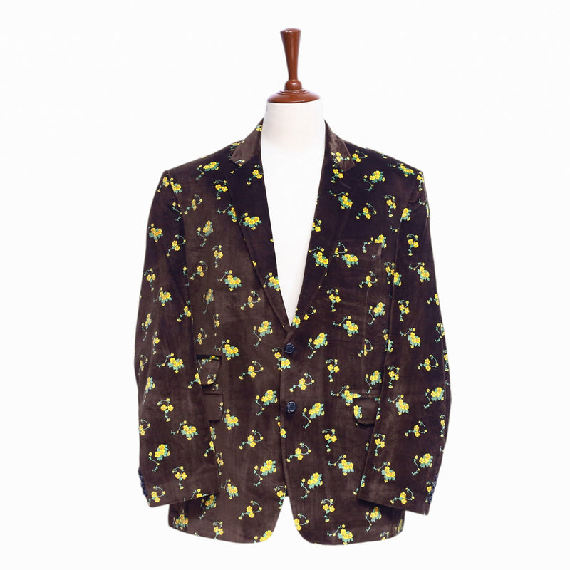 Mens Blazer Velvet Floral Brown Yellow Formal Suit Jacket Wedding Sport Coat 48R