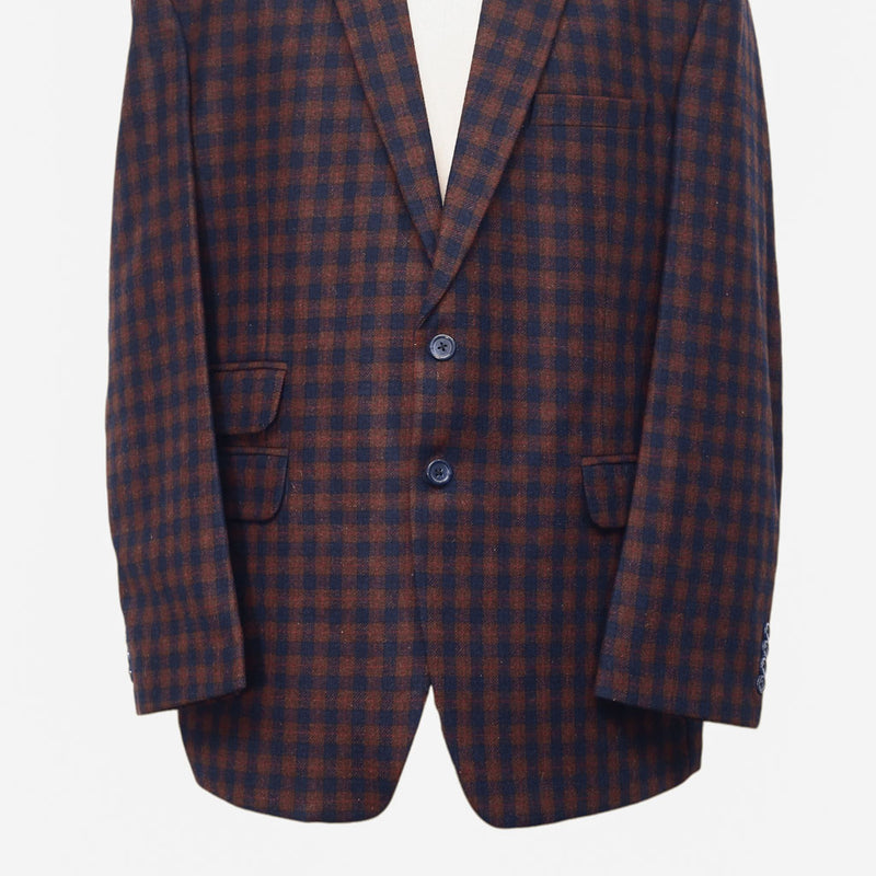 Mens Blazer Plaid Check 100% Wool Brown Blue Dress Formal Jacket Sport Coat 48R