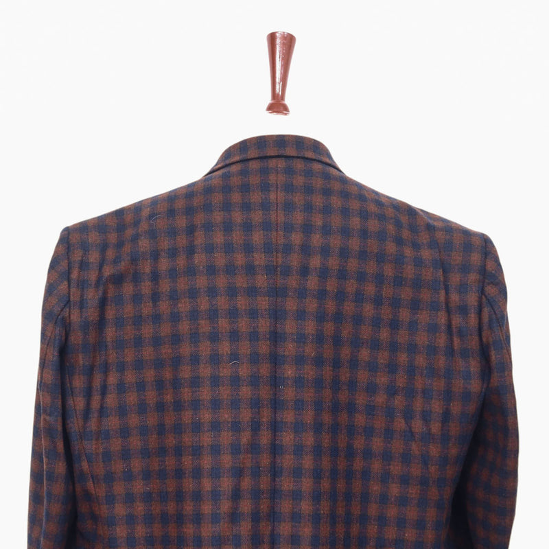 Mens Blazer Plaid Check 100% Wool Brown Blue Dress Formal Jacket Sport Coat 48R