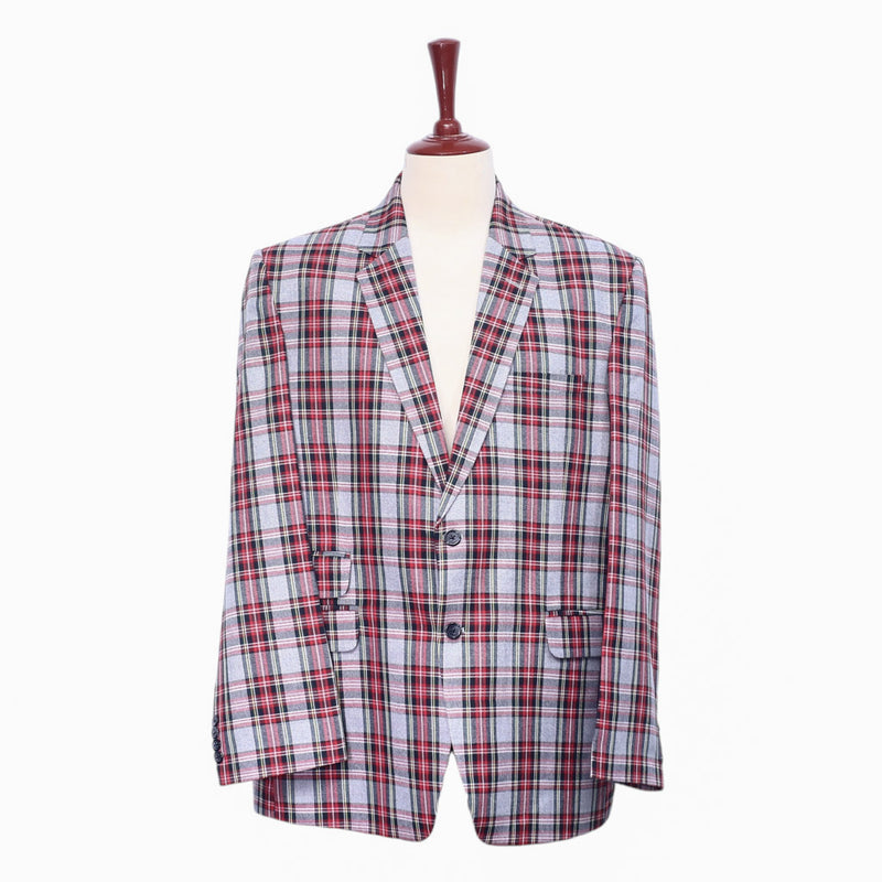 Mens Blazer Tartan Plaid Gray Red Dress Formal Jacket Wedding Sport Coat 48R