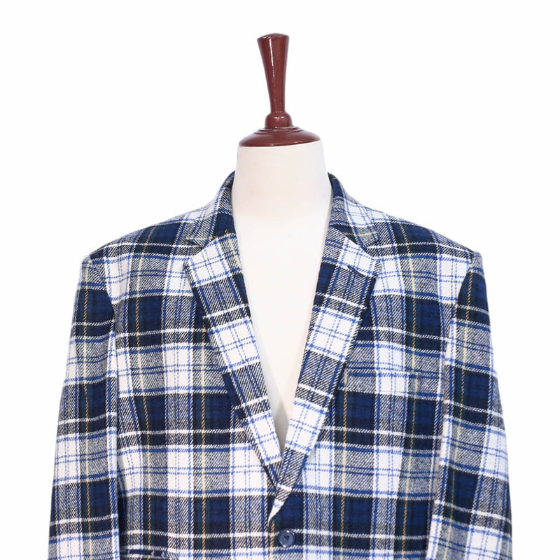 Mens Blazer Tartan Plaid 100% Wool Blue Green Ivory Formal Jacket Sport Coat 48R