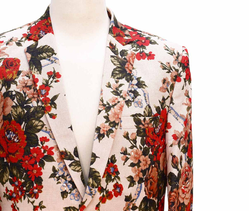 Mens Blazer Floral Beige Red Roses Dress Formal Jacket Wedding Sport Coat 42R