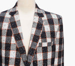 Mens Blazer Plaid Black Ivory Orange Wool Formal Jacket Wedding Sport Coat 46R