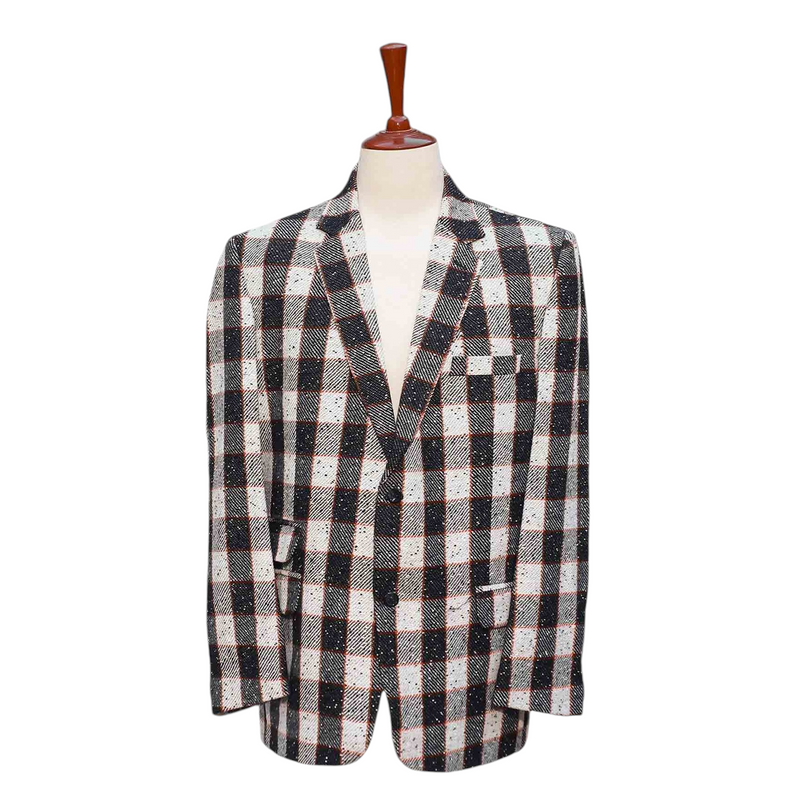 Mens Blazer Plaid Black Ivory Orange Wool Formal Jacket Wedding Sport Coat 46R